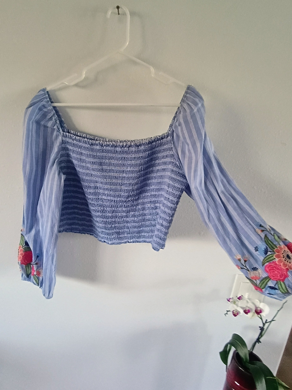 Blue Striped Smocked Crop Top Floral Embroidered Puff Sleeve Blouse